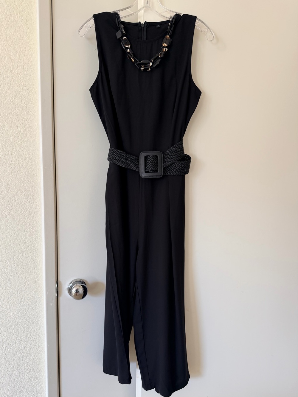 Classic Black Sleeveless Jumpsuit with Belt/Necklace (Size M)